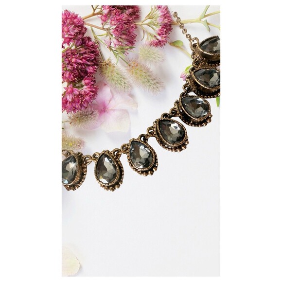 Smoky Gray Rhinestone Teardrop Bib Necklace Statement  Bronze Tone Chain Women - Picture 5 of 11